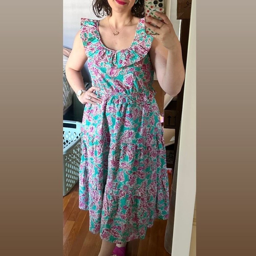 J.Crew Ruffle Tiered Midi Dress Size 10 Green Pink Floral Cotton Boho Cottage